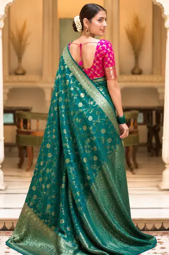 Rama green zari woven art silk designer traditional saree with unstitched blouse