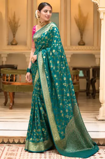 Rama green zari woven art silk designer traditional saree with unstitched blouse