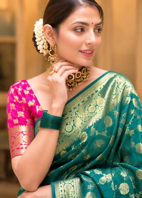 Rama green zari woven art silk designer traditional saree with unstitched blouse 4