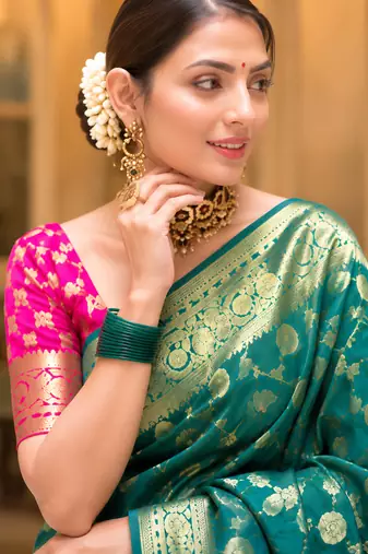 Rama green zari woven art silk designer traditional saree with unstitched blouse