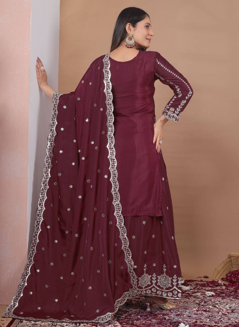 maroon crepe festive kurta set