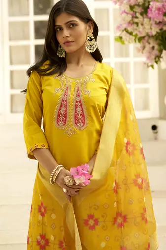 yellow silk festive kurta set
