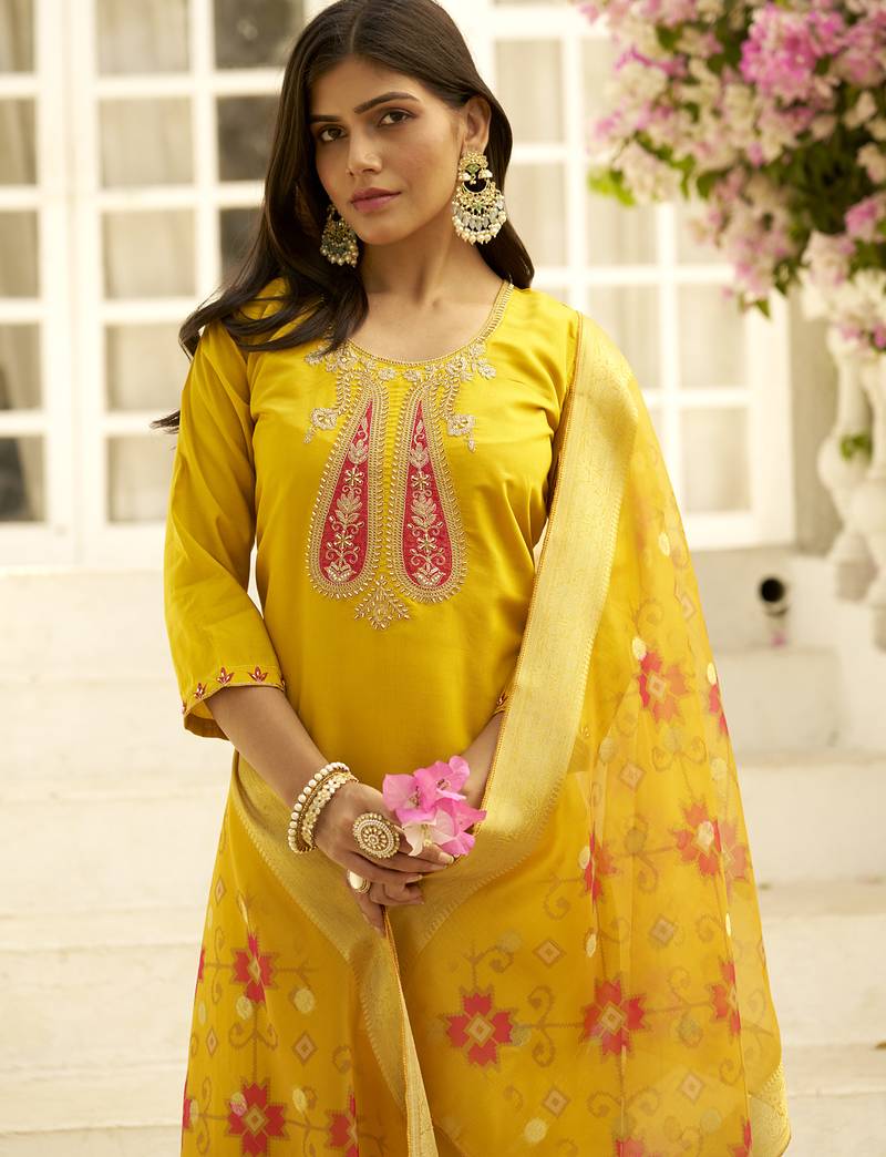 yellow silk festive kurta set