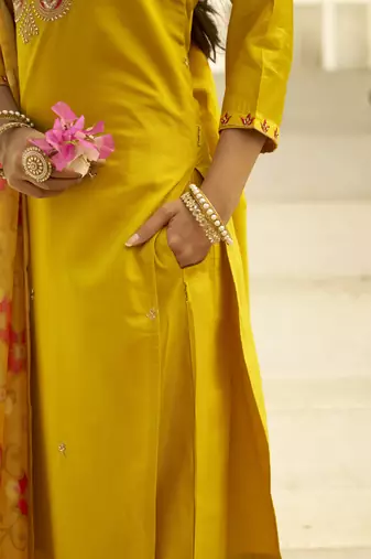 yellow silk festive kurta set