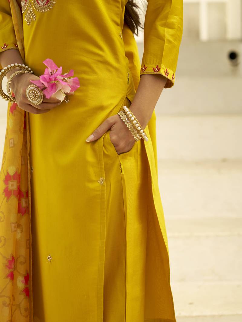 yellow silk festive kurta set