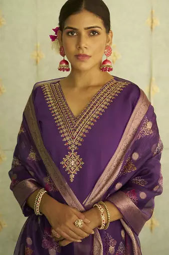 purple silk festive kurta set
