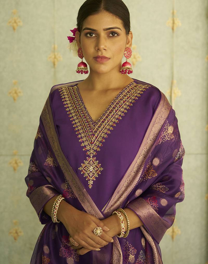 purple silk festive kurta set