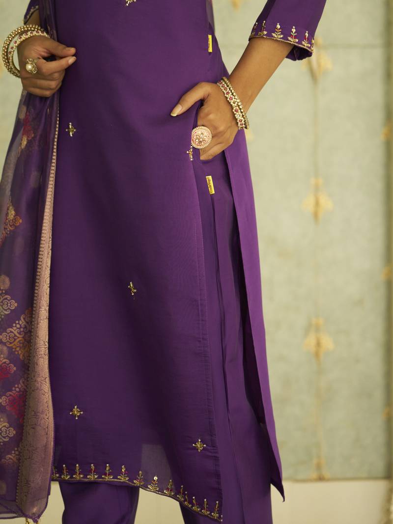 purple silk festive kurta set