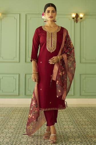 maroon silk festive kurta set