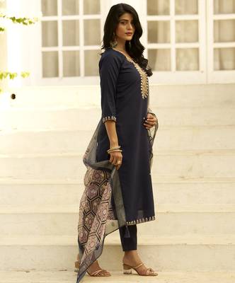 navy-blue silk festive kurta set 1