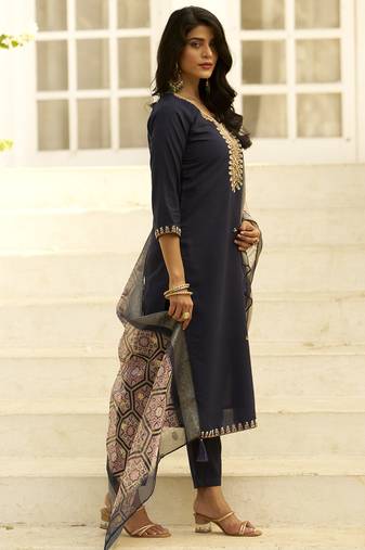 navy-blue silk festive kurta set