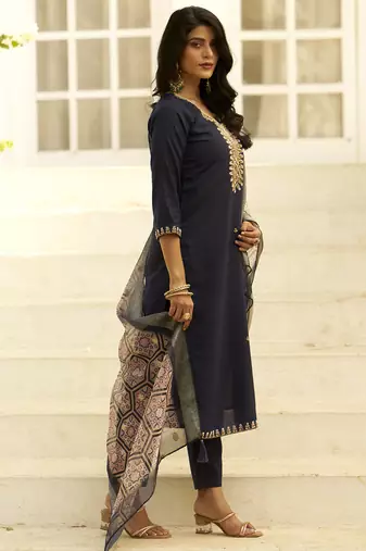 navy-blue silk festive kurta set