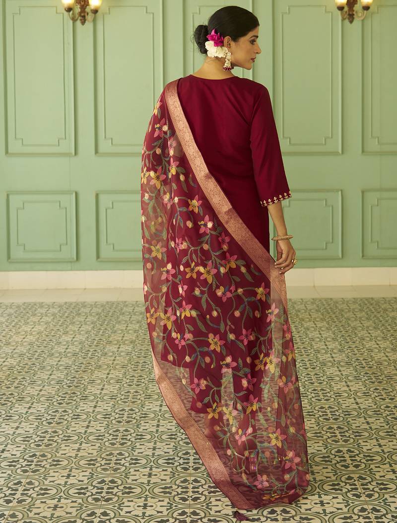 maroon silk festive kurta set
