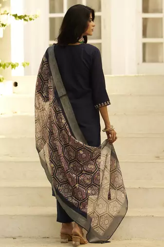 navy-blue silk festive kurta set
