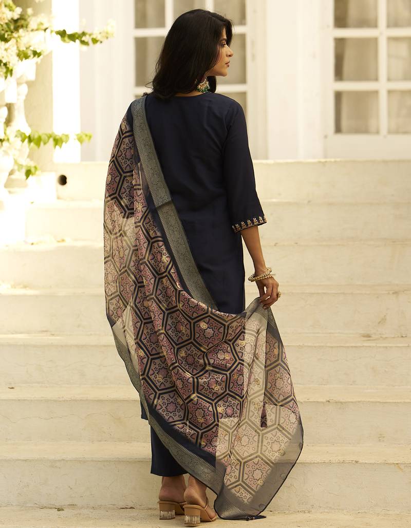 navy-blue silk festive kurta set