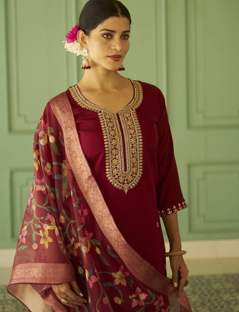maroon silk festive kurta set