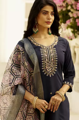 navy-blue silk festive kurta set