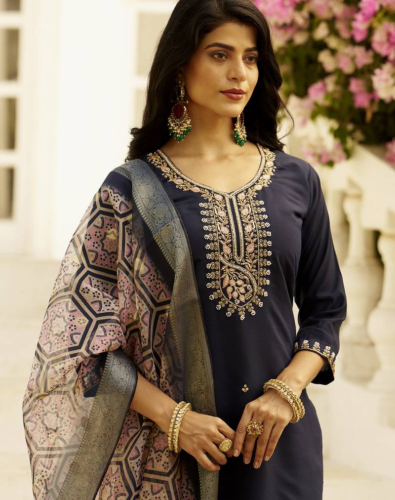 navy-blue silk festive kurta set