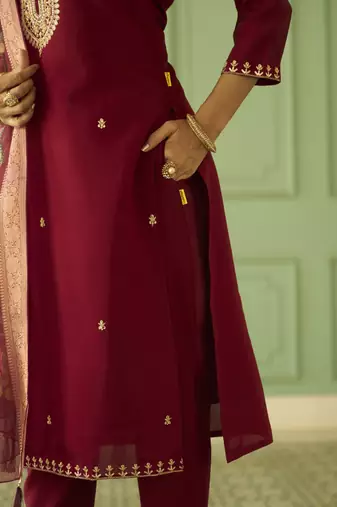maroon silk festive kurta set