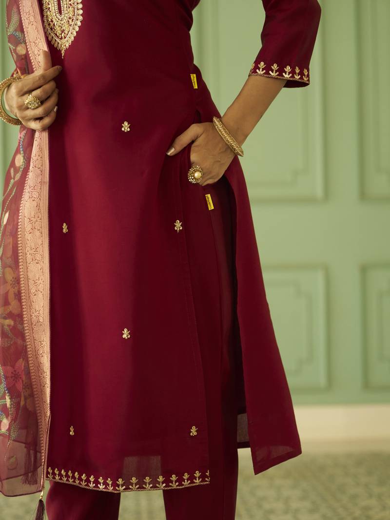 maroon silk festive kurta set