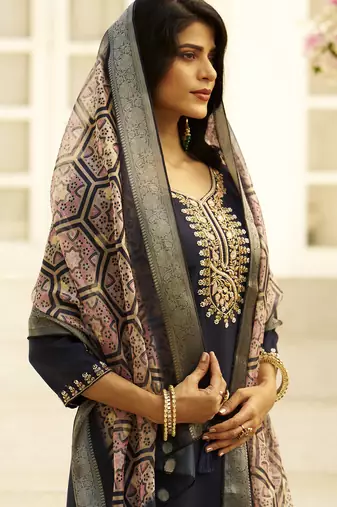 navy-blue silk festive kurta set
