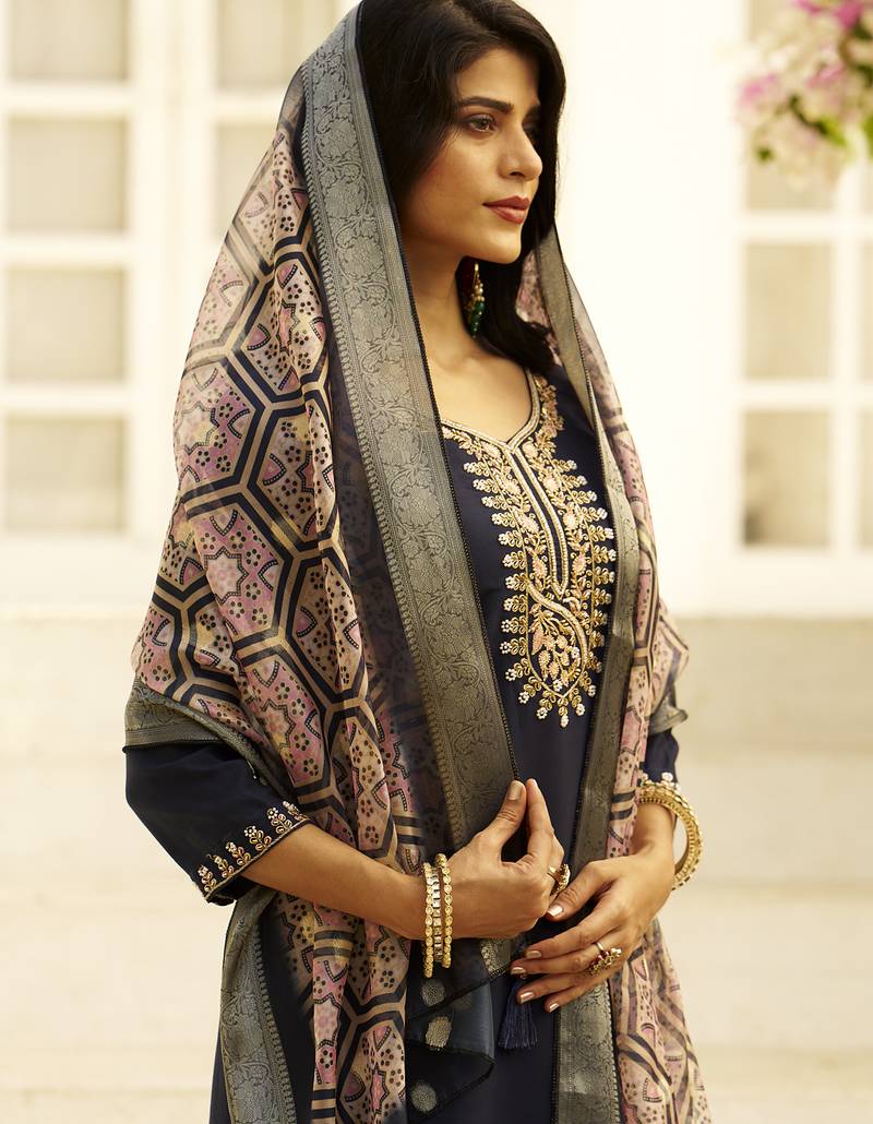 navy-blue silk festive kurta set