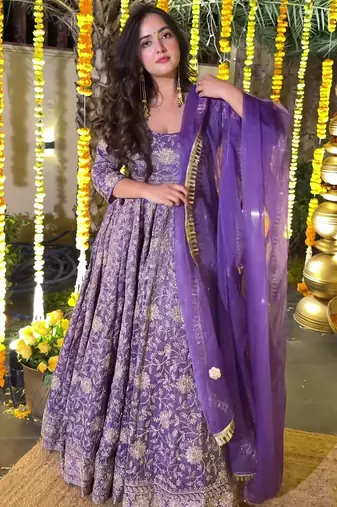purple silk festive kurta set
