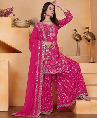 rani-pink georgette festive kurta set 1
