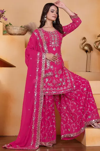 rani-pink georgette festive kurta set