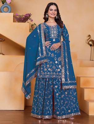 blue georgette festive kurta set 1