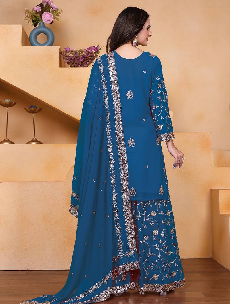 blue georgette festive kurta set