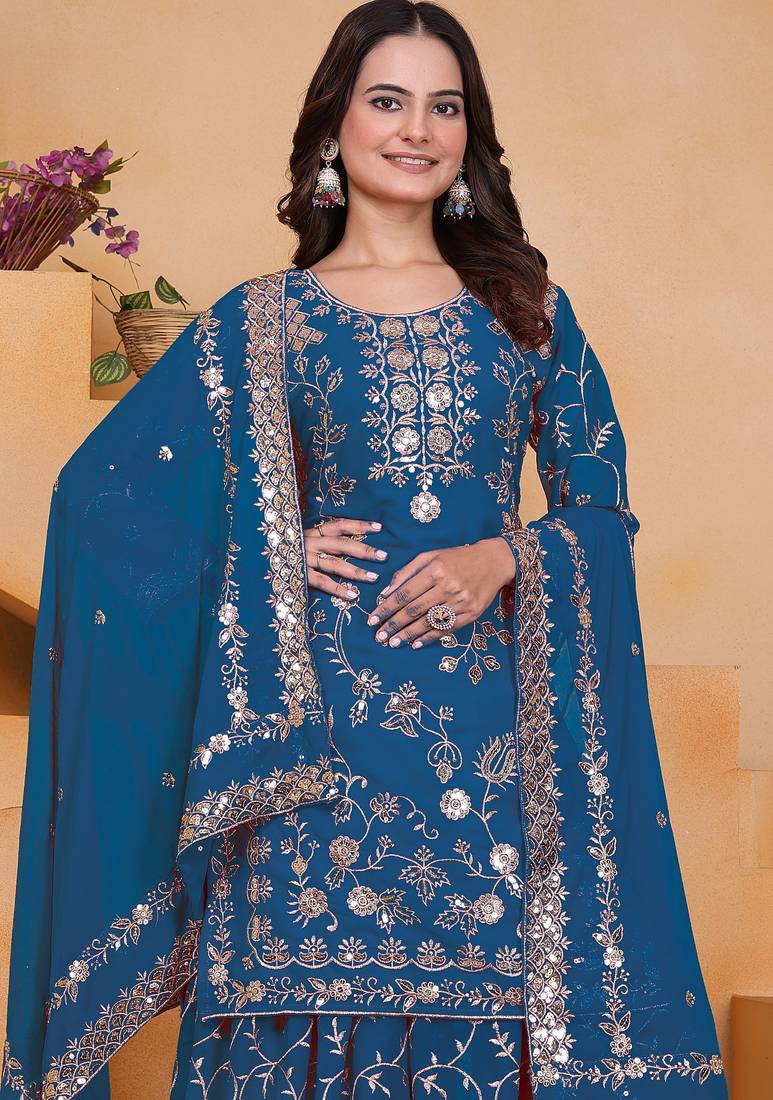 blue georgette festive kurta set