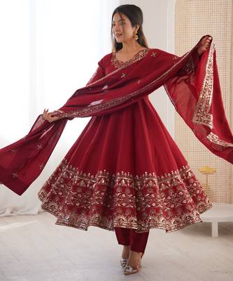 maroon roman silk festive kurta set 1