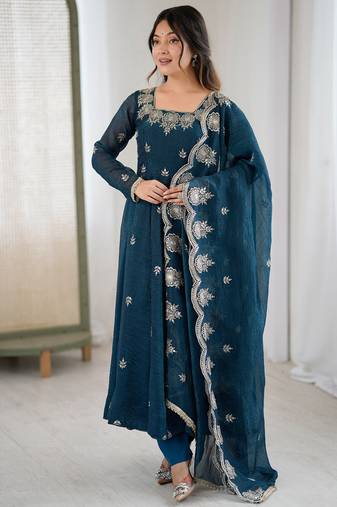 teal silk festive kurta set