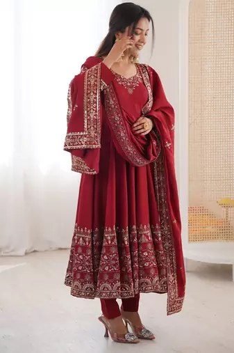 maroon roman silk festive kurta set