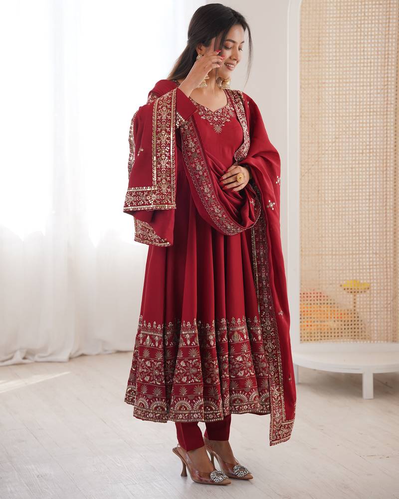maroon roman silk festive kurta set