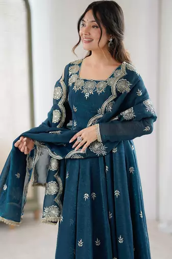 teal silk festive kurta set