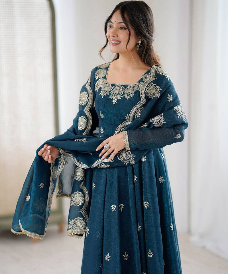 teal silk festive kurta set