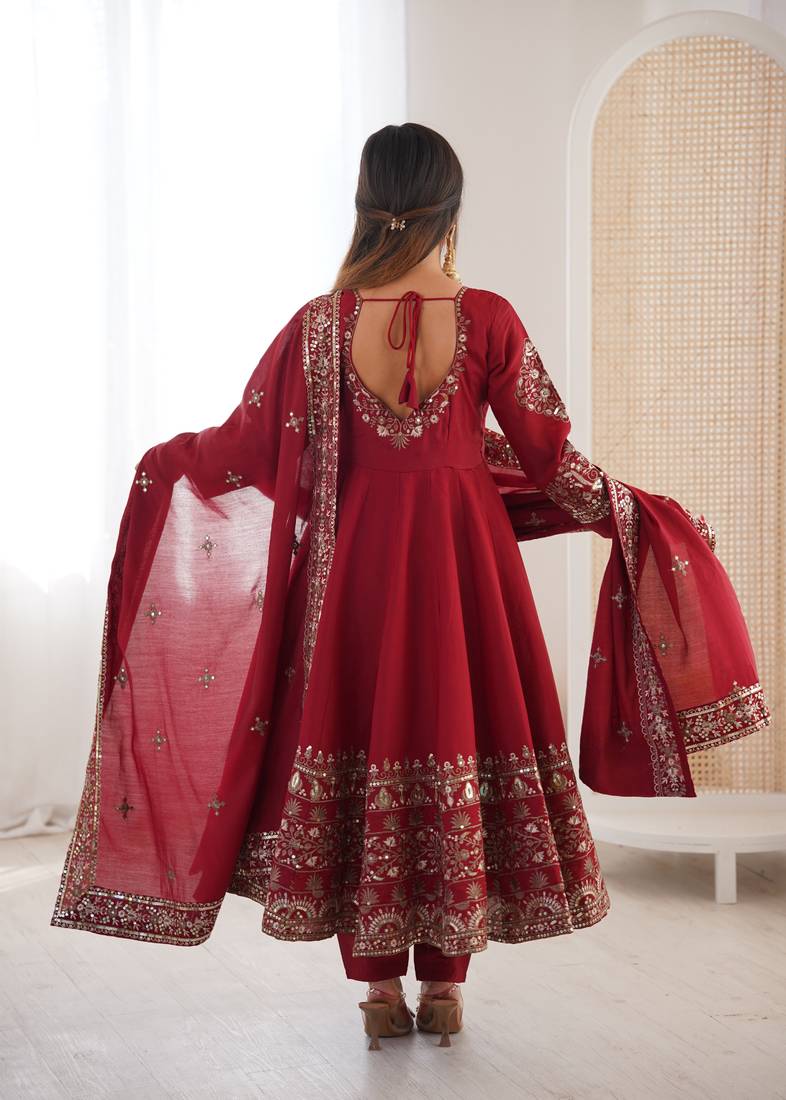 maroon roman silk festive kurta set