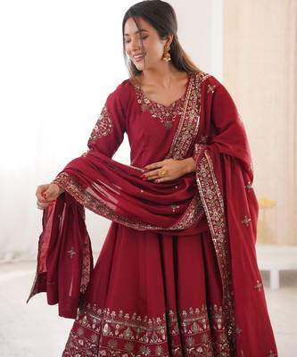 maroon roman silk festive kurta set 4