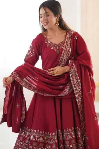 maroon roman silk festive kurta set