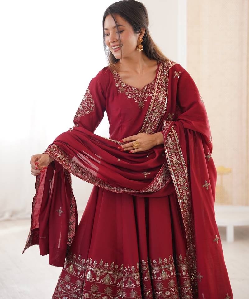 maroon roman silk festive kurta set