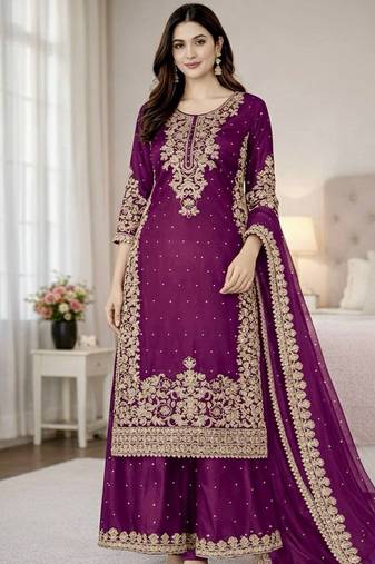 purple silk festive kurta set