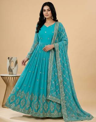 blue faux georgette festive wear anarkali 1