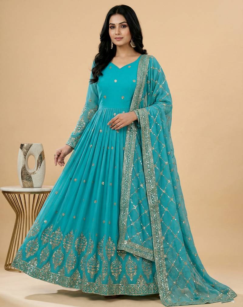 blue faux georgette festive wear anarkali