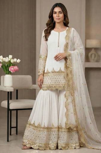 white faux georgette festive kurta set