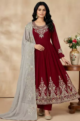maroon georgette festive kurta set