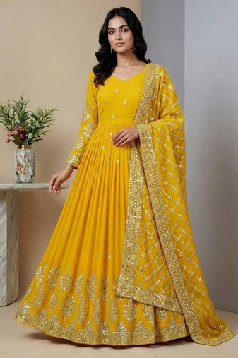 yellow faux georgette festive wear anarkali