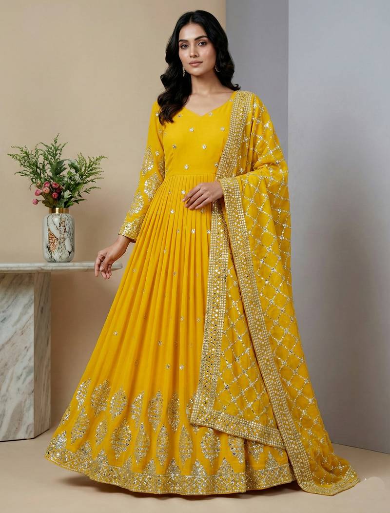 yellow faux georgette festive wear anarkali