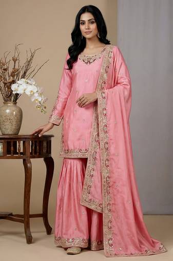 pink chinon festive kurta set